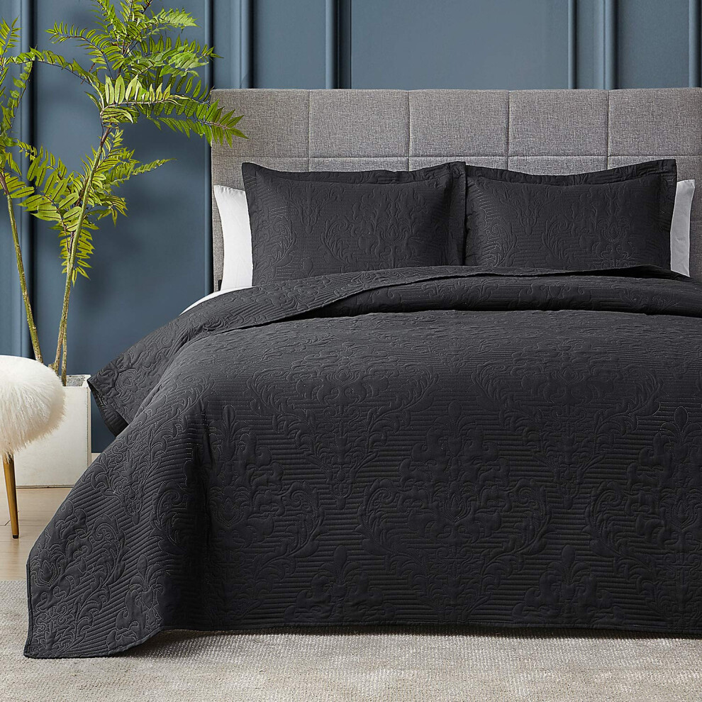 Parure de lit 3 pi   ces Hansleep noire avec couvre-lit ultrasonique damass    pour lit king size, douce et l   g   re (1 couette, 2 taies d'oreiller)