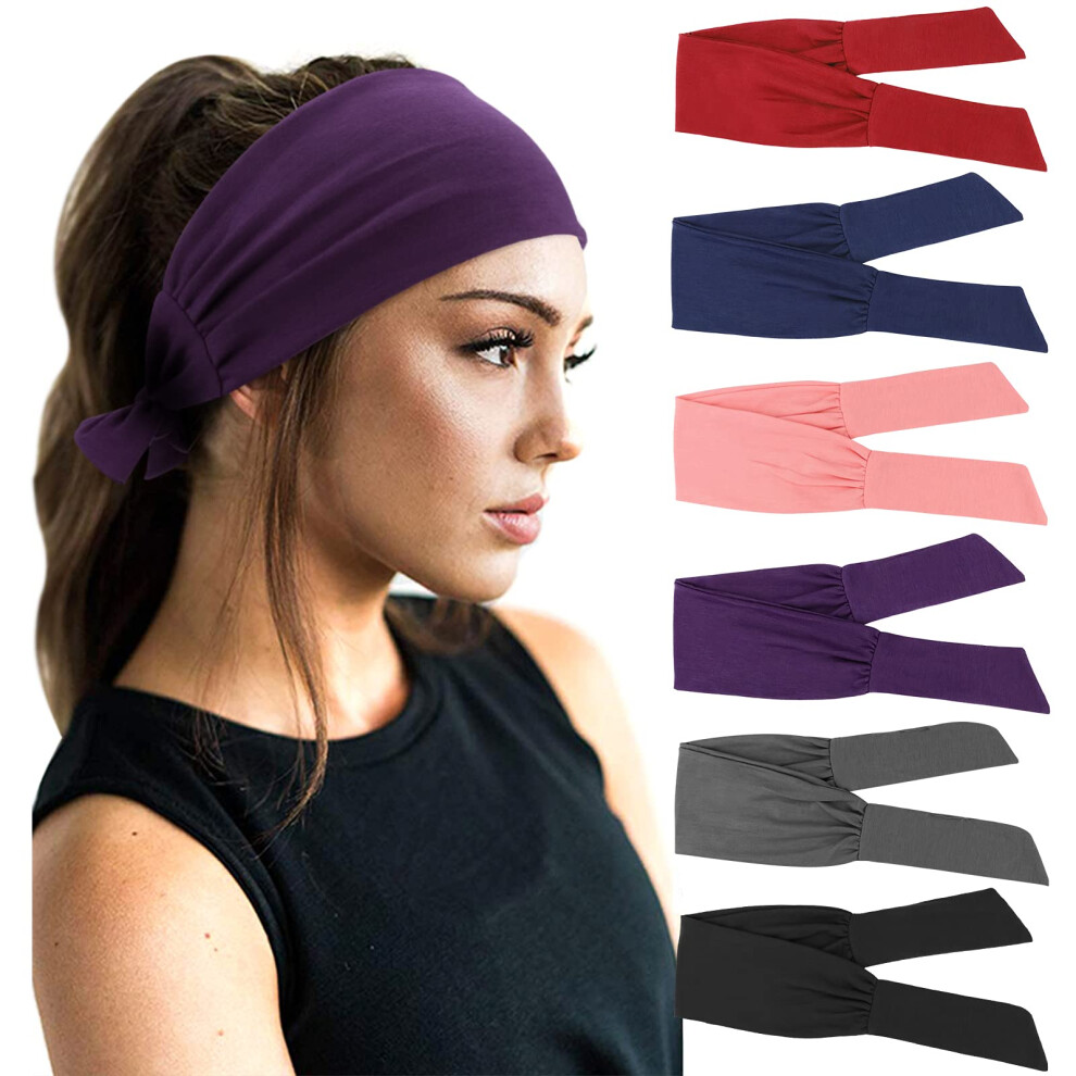 DRESHOW Lot de 6 bandeaux réglables pour femme en coton élastique antidérapant pour entraînement, sport, course à pied, yoga