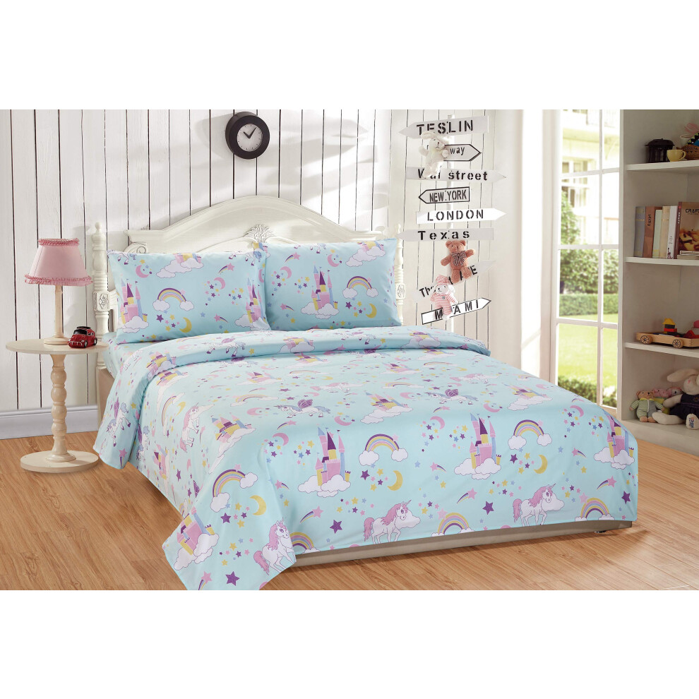 Parure de draps en lin Plus pour filles/adolescentes, motif licorne, arc-en-ciel, ch   teau, bleu, violet, jaune, blanc, drap plat, drap-housse et