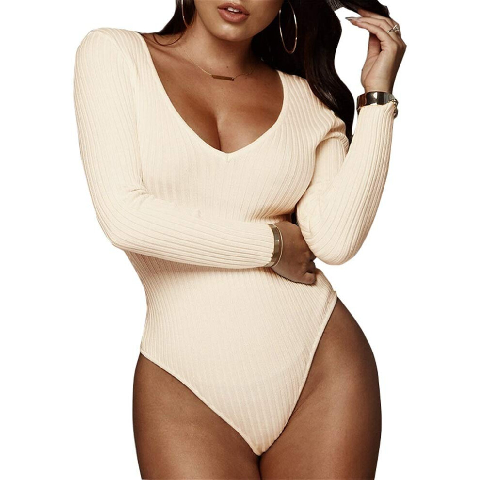 Body ? manches longues et col en V profond pour femme GEMBERA en tricot c?tel? moulant et string Blanc Cr?me S