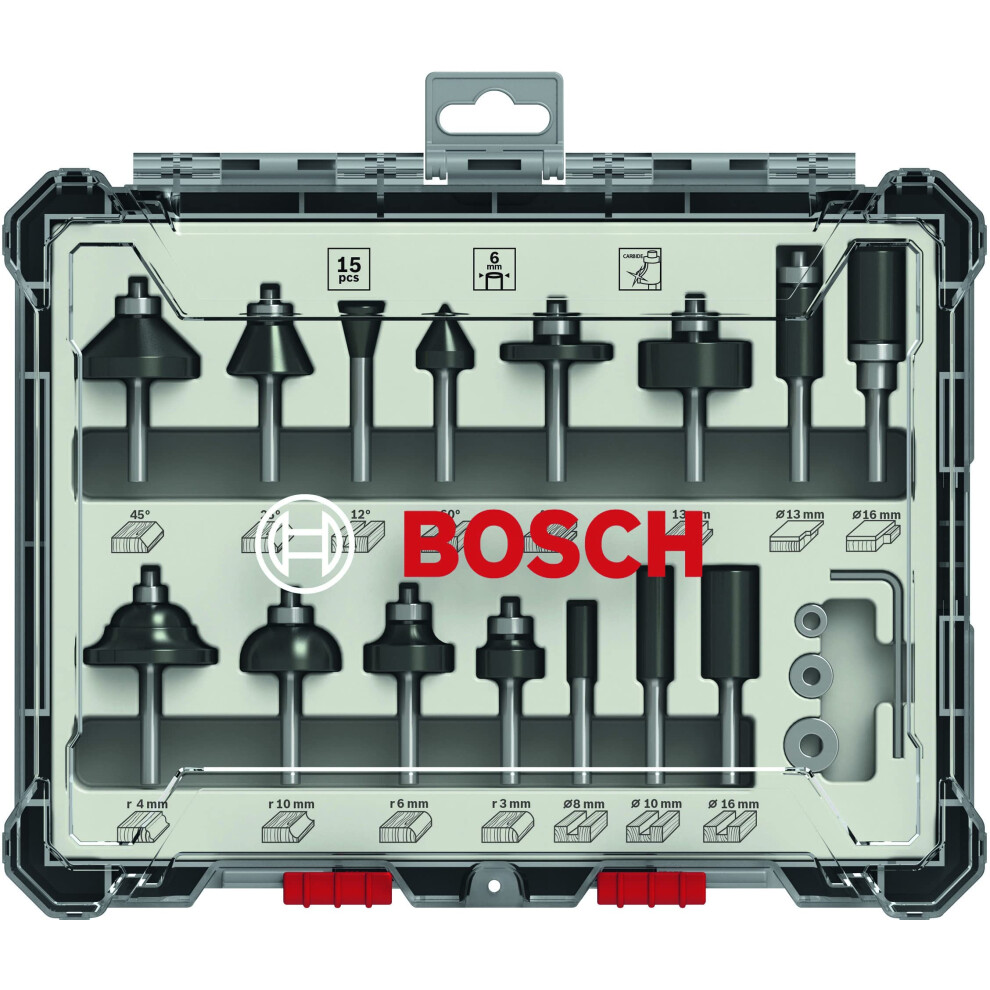 Bosch Professional 2607017471 15-Piece Set Wood Router Bit Set for 6mm Shank Router