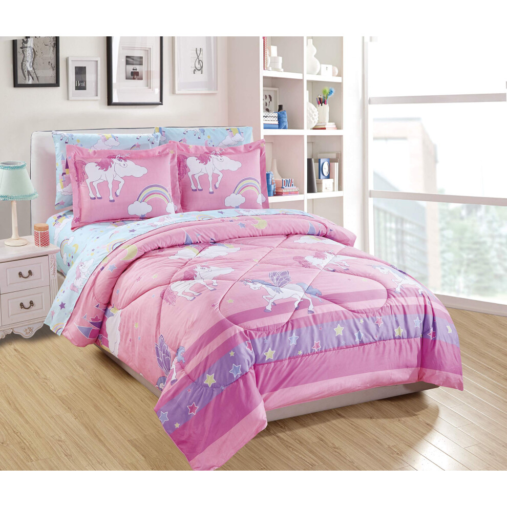 Parure de lit double MK Home pour fille, motif licorne, bleu, rose, violet, jaune et blanc, neuf
