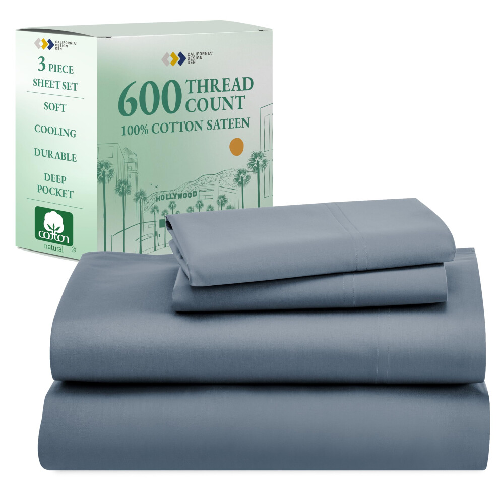 CALIFORNIA DESIGN DEN 5-Star Hotel Quality Twin Sheet Set  100% Cotton Sateen  600 Thread Count 3 Pc is Soft & Smooth with Deep Pocket Fitted Sheet (B-image-OPC-PFT2RCK-NEW
