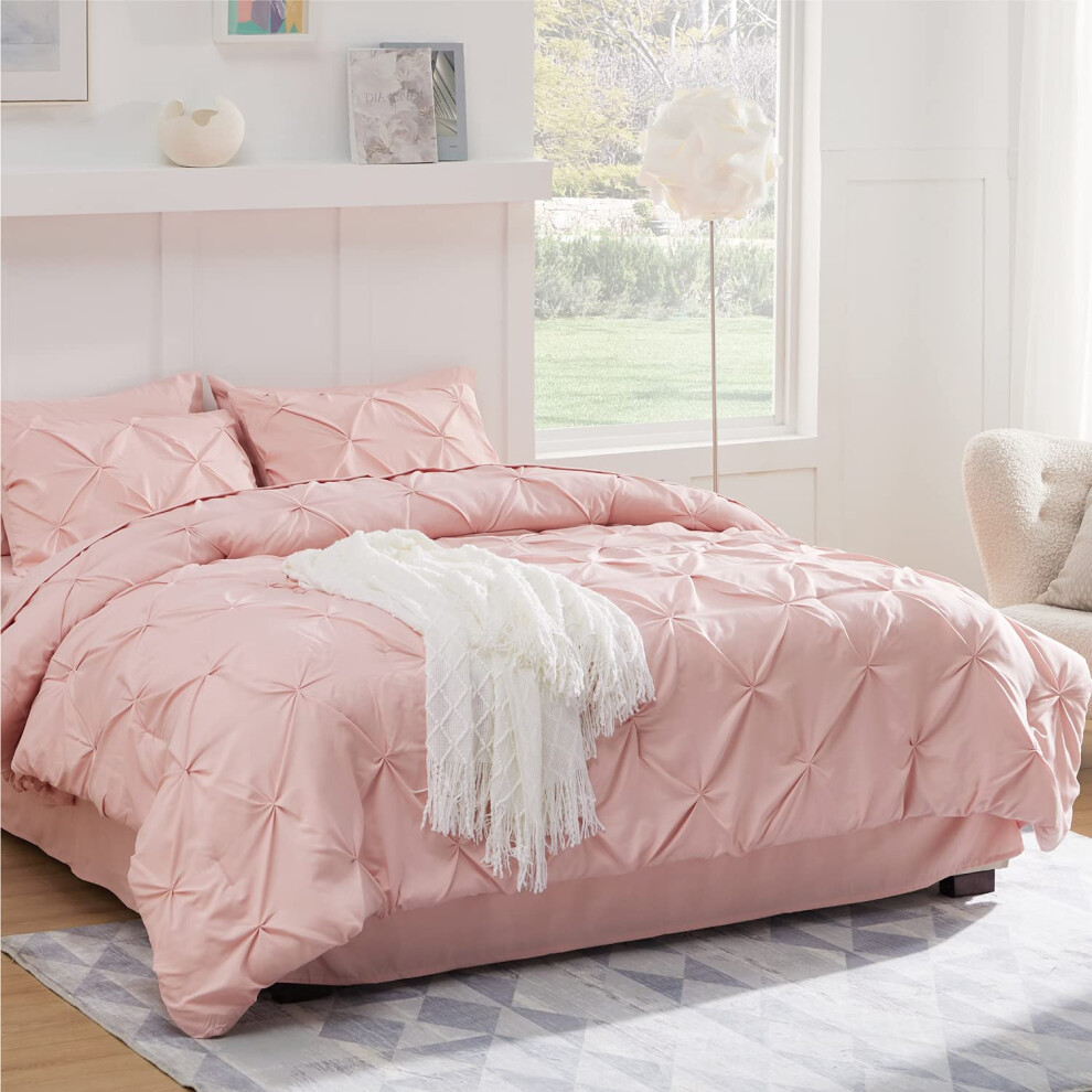 Parure de lit rose Bedsure Queen - Parure de lit Queen 7 pi   ces     plis pliss   s avec couette, draps, taies d'oreiller et taies d'oreiller