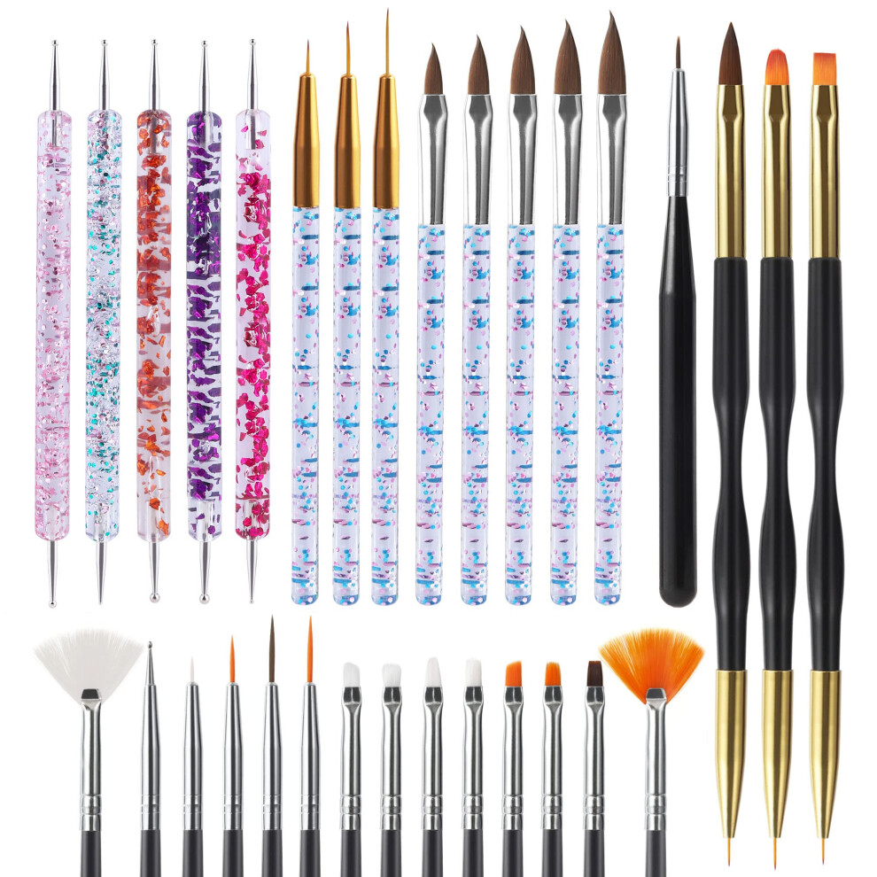 Artdone 31Pcs Nail Art Brushes Nail Art Tool Set Nail Dotting Tools Nail Dust Brush Striping Nail Art Brushes For Long Lines Nail Drawing Pen For Nail