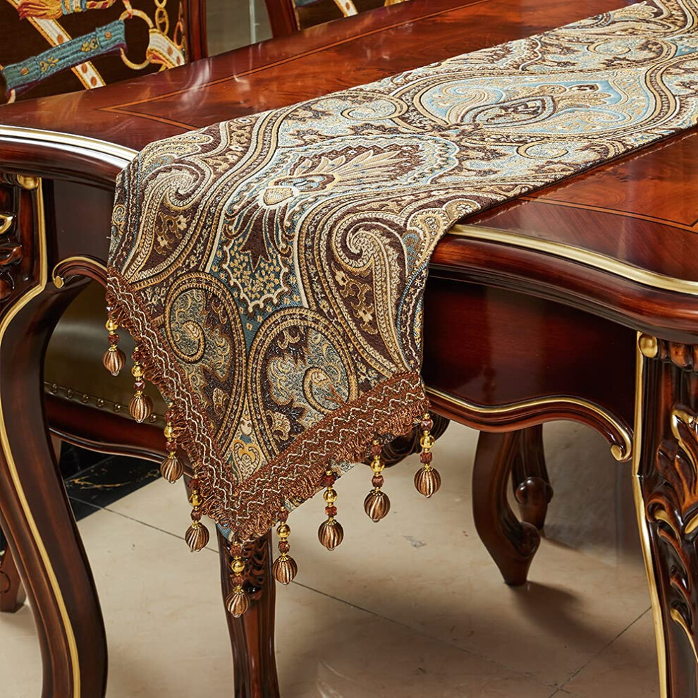 LuxuriöSer TischläUfer Im Vintage-Design, 228 Cm Lang, Bestickter Jacquard-Stoff Mit Mehreren Quasten, TischläUfer FüR Esszimmer, Kommode, Hochze-image