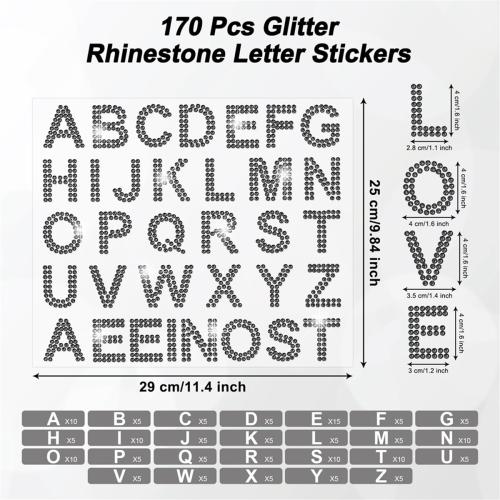 170 Pcs Silver Rhinestone Letter Stickers, 5 Sheets 34 Letters Black 1