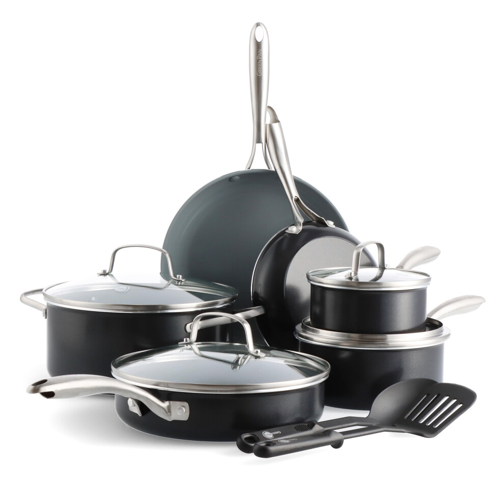 greenPan Swift Healthy ceramic Nonstick, 12 Piece cookware Pots and Pans Set, Stainless Steel Handles, PFAS-Free, Dishwasher Safe, Oven Safe, Black