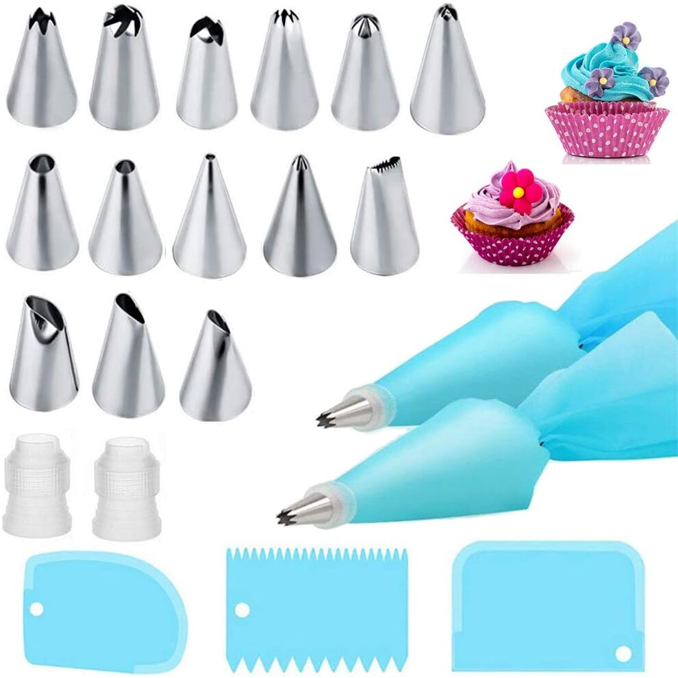 21PCS Piping Bags And Nozzles Set With 2 Reusable Piping Bags Icing Bag,14 Stainless Steel Cake Piping Nozzles Tips Kits,2 Coupler,3 Plastic Scrapers