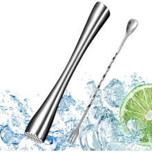 Cocktail Muddler Stainless Steel With Cocktail Mixing Spoon, Mojito Masher, Ice Crusher Masher, Cocktail Pestle For Kitchen, Bar, Restaurant, 26 CM