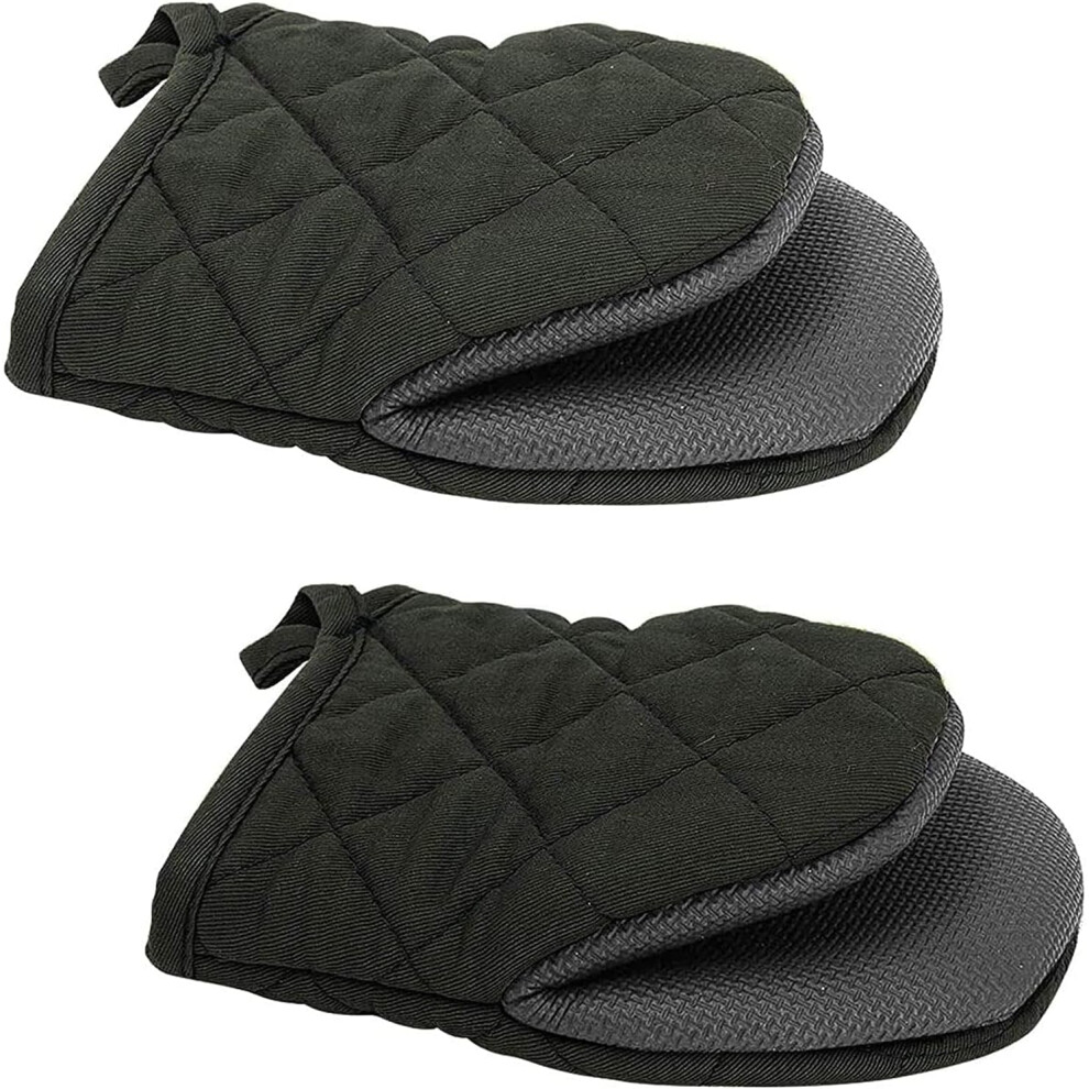 1 Pair Short Oven Mitts, Heat Resistant Silicone Kitchen Oven Mitts For 500 Degrees, Non-Slip Grip Surfaces And Hanging Loop Gloves,(Black)