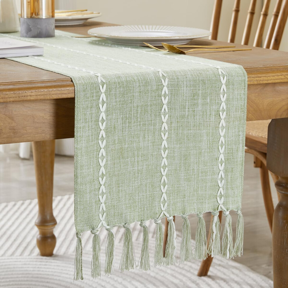 (Green, 33x160cm) Cotton Linen Table Runner Retro Modern Table Runner Hand-Tassels Table Runner For Party, Dining Room , Dessert Table-image-OPC-PGHKWPP-NEW