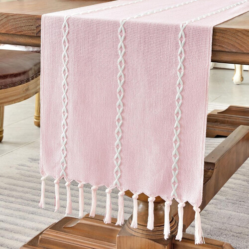 (Pink, 33x180cm) Cotton Linen Table Runner Retro Modern Table Runner Hand-Tassels Table Runner For Party, Dining Room , Dessert Table