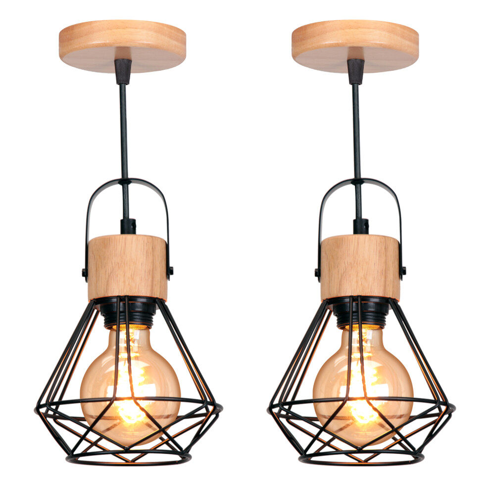 2PCS Retro Pendant Light Vintage Pendant Light Modern Ceiling Light Indoor Pendant Light Black Metal Wood Pendant Lights