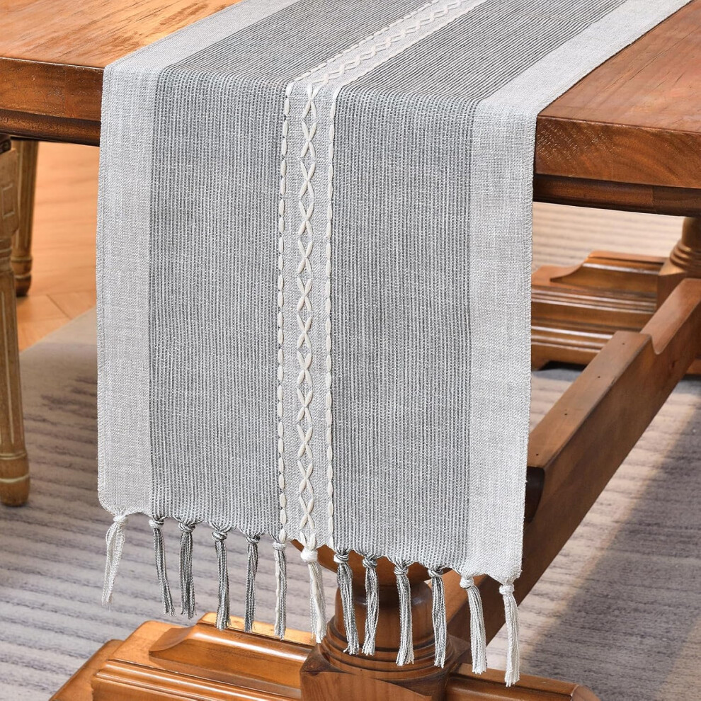 (Grey, 33x180cm) Embroidery Cotton Linen Table Runner Retro Style Table Runner Hand-Tassels For Party Dining Kitchen Decorations-image-OPC-PGHKWVB-NEW