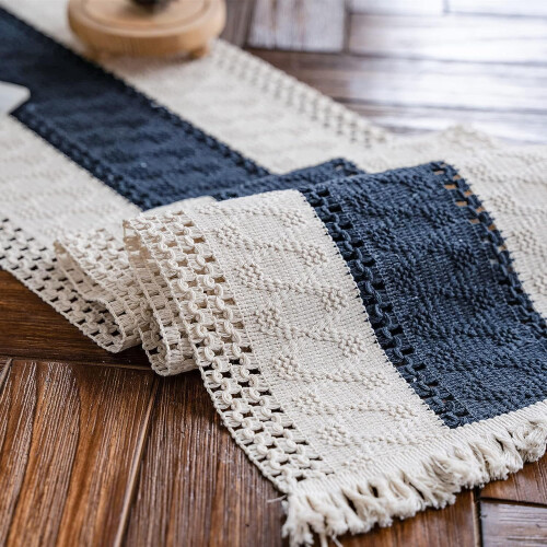 (Blue, 30x240cm) Macrame Table Runner With Tassels Hand Woven Cotton Table Runner Rustic Farmhouse Table Runner For Kitchen Dining Table