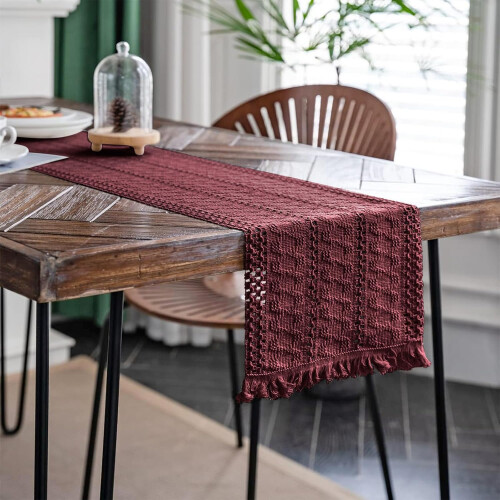 (Red, 30x180cm) Macrame Table Runner With Tassels Hand Woven Cotton Table Runner Rustic Farmhouse Table Runner For Kitchen Dining Table 2
