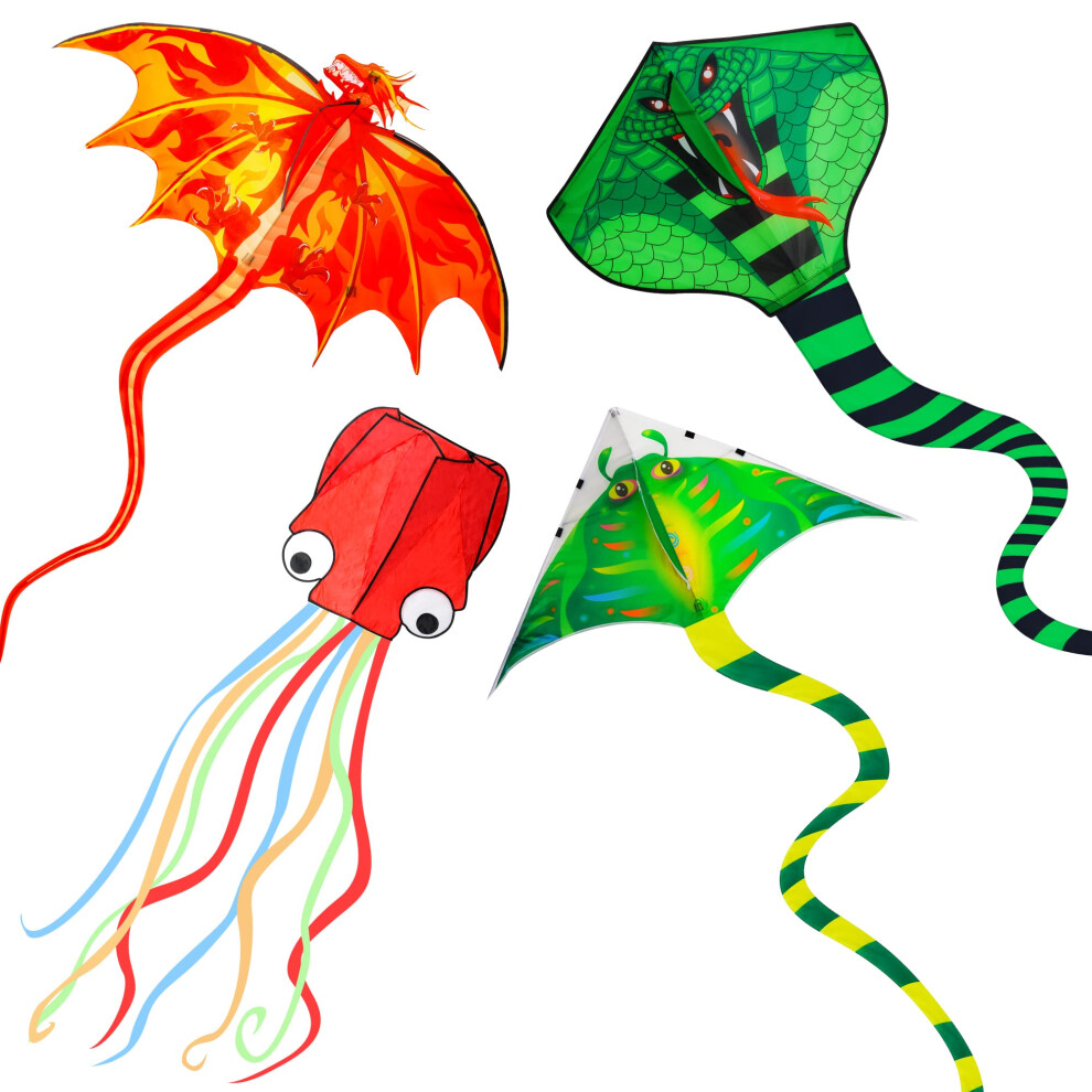 Crogift 4 Pack Kites - Large Fire Dragon Kite Green Snake Kite Devil Fish Kite Red Mollusc Octopus With Long Colorful Tail For Kids Adults Outdoor Game Activi