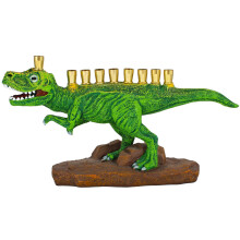 Sion Judaica Dinosaurio verde Menorah Polyresin con copas de latn Nios funcionales Dino Candle Menorah Fits Standard Chanukah Candles