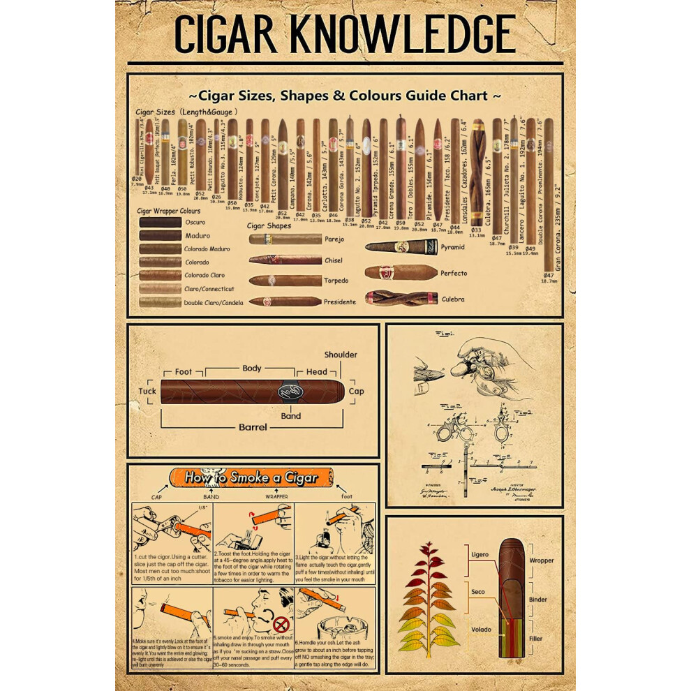 WZVZGZ Plaque métallique rétro - Affiche d'art vintage Plaque Cigar Knowledge Poster pour la maison Salon Cuisine Café Bar Décoration murale Sign