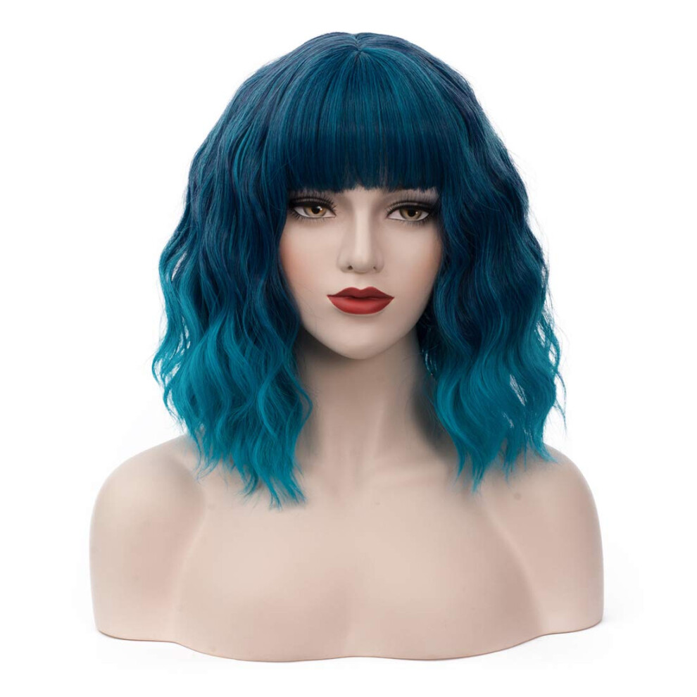 Bufashion Unisex Blue 14" Women Short Wavy Curly Wig Ombre Bob Wig Cosplay Halloween Synthetic Wigs With Neat Bang Wig With Free Wig Cap(Ombre 1)