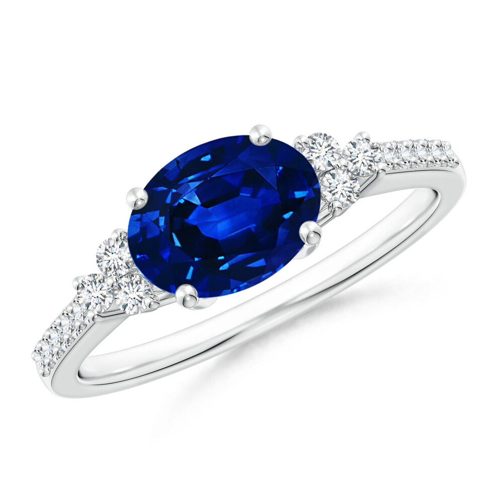 (S 1/2, 9ct White Gold) Angara Lab-Grown Horizontally Set Oval Sapphire Solitaire Ring with Trio Lab Diamond Accents for Women-image-OPC-PGHMGGF-NEW