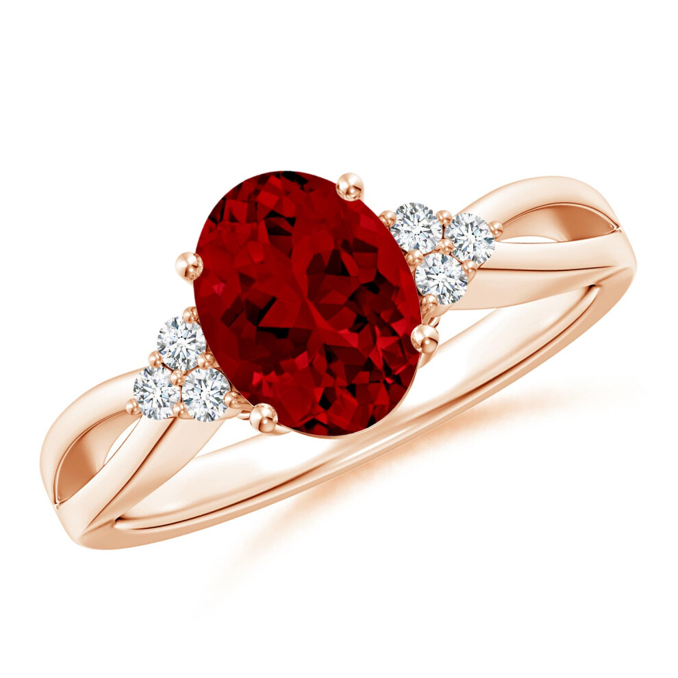 (Q 1/2, 9ct Rose Gold) Angara Solitaire Oval Lab-Grown Ruby Split Shank Engagement Ring with Trio Diamonds for Women-image-OPC-PGHMJTV-NEW