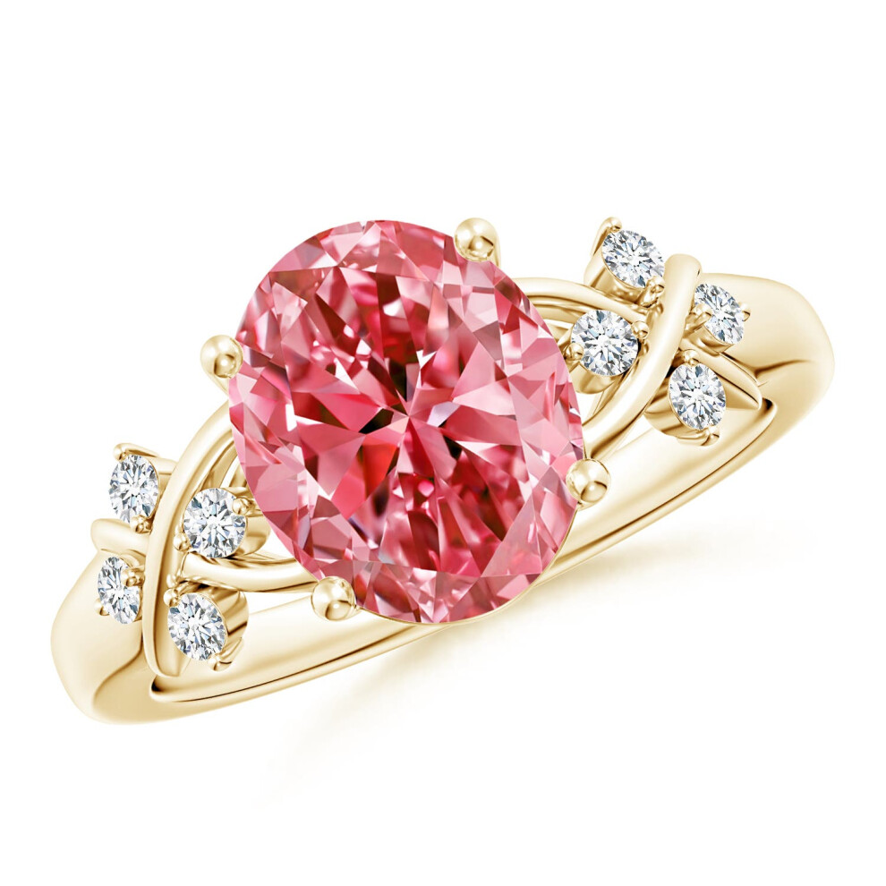 (O 1/2, 14ct Yellow Gold) Angara Solitaire Oval Lab-Grown Fancy Intense Pink Diamond Criss Cross Ring for Women-image-OPC-PGHMM6H-NEW