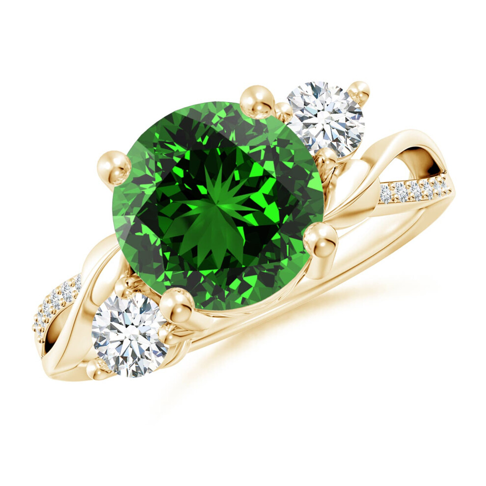 (N 1/2, 9ct Yellow Gold) Angara Lab-Grown Emerald and Diamond Twisted Vine Engagement Ring for Women-image-OPC-PGHMQ79-NEW