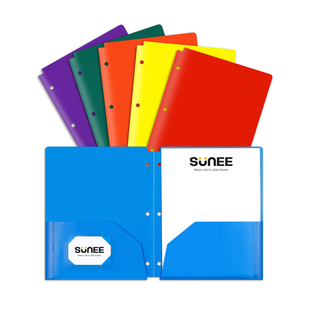 SUNEE 3 Hole Pocket Folders (6/Pack Assorted Color) Plastic Pocket Fo