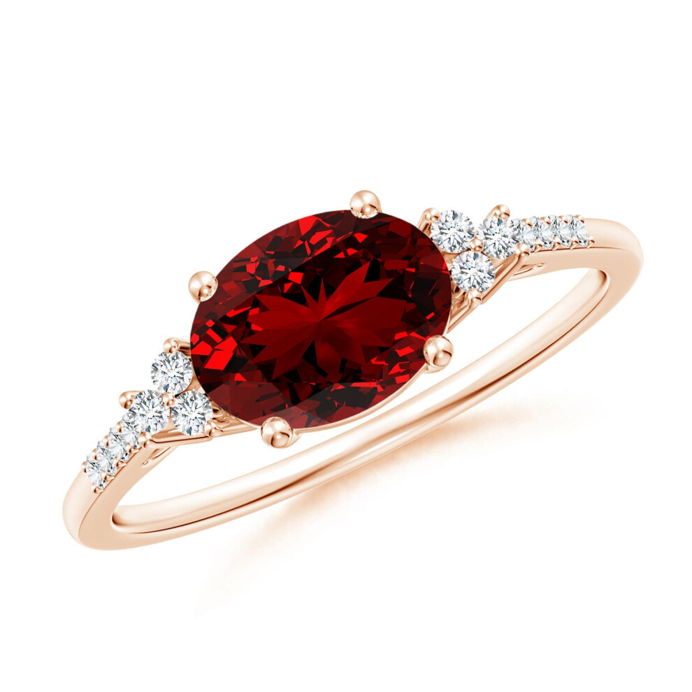 (S 1/2, 14ct Rose Gold) Angara Horizontally Set Oval Lab-Grown Ruby Solitaire Engagement Ring with Trio Diamond Accents for Women-image-OPC-PGHMSPR-NEW