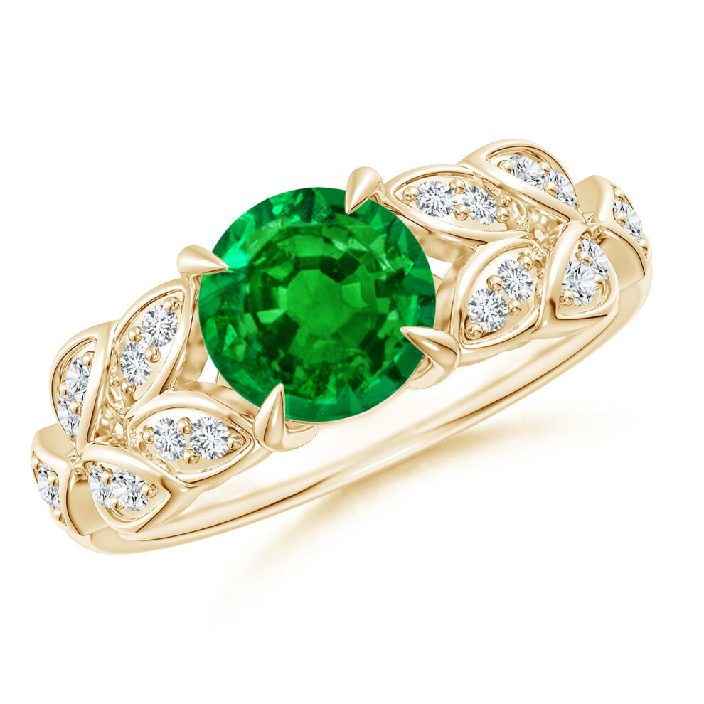 (P 1/2, 14ct Yellow Gold) Angara Lab-Grown-Nature Inspired Round Emerald Leaf Shank Ring for Women-image-OPC-PGHMW29-NEW