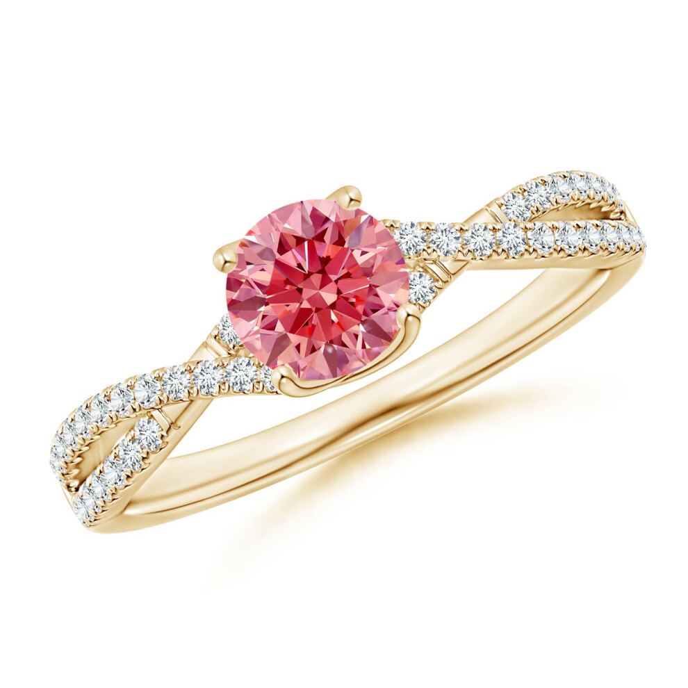 (L 1/2, 9ct Yellow Gold) Angara Twist Shank Solitaire Round Lab-Grown Fancy Intense Pink Diamond Engagement Ring for Women-image-OPC-PGHMY6N-NEW