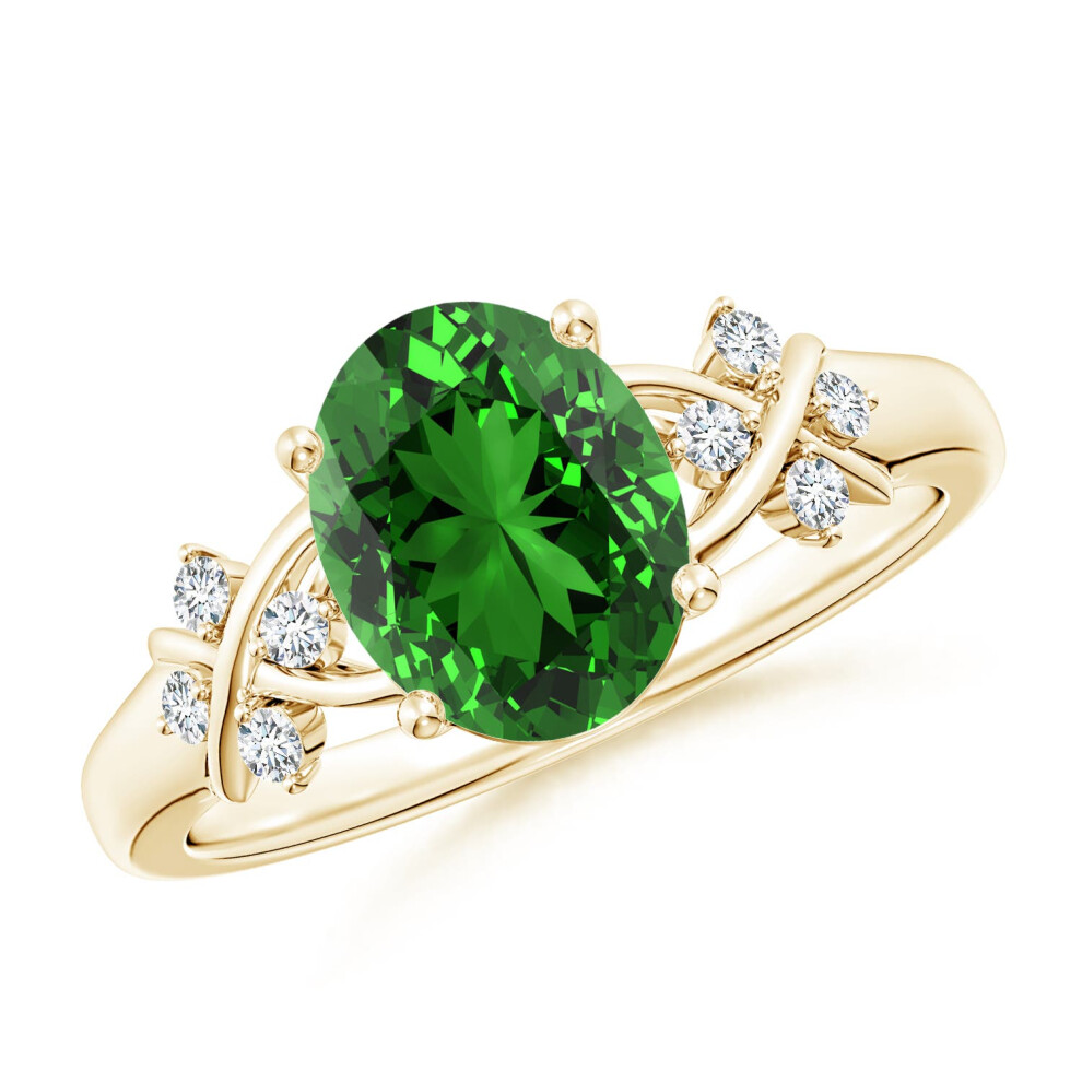 (N 1/2, 14ct Yellow Gold) Angara Lab-Grown Solitaire Oval Emerald Criss Cross Ring with Diamonds for Women-image-OPC-PGHMYVS-NEW