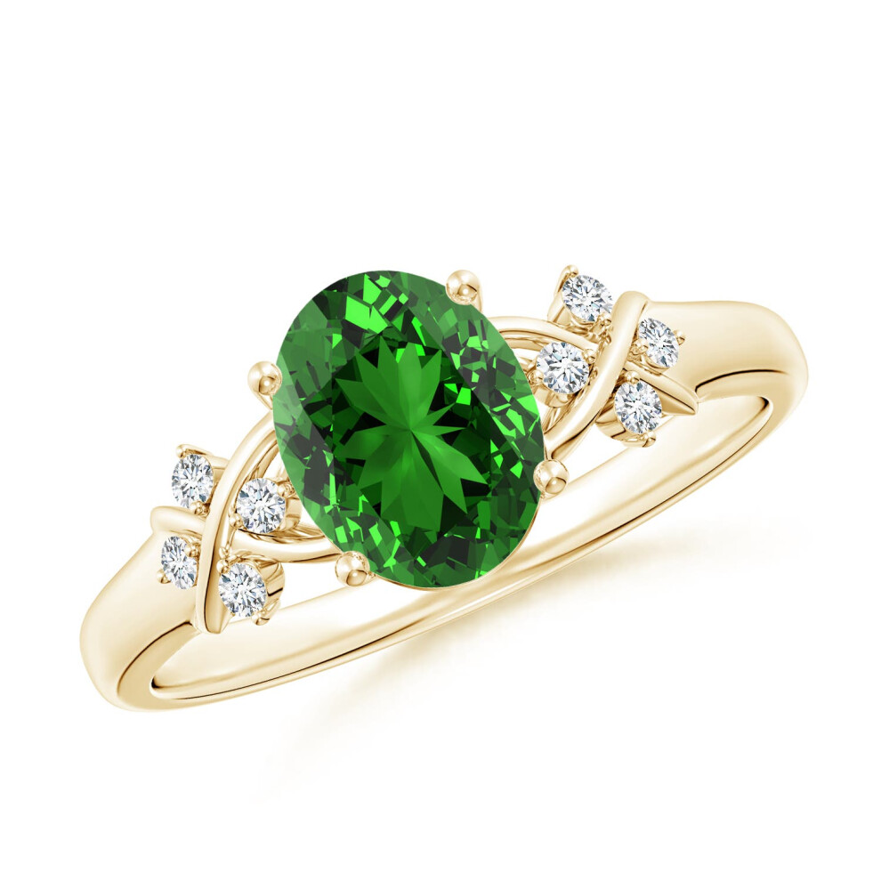 (T 1/2, 9ct Yellow Gold) Angara Lab-Grown Solitaire Oval Emerald Criss Cross Ring with Diamonds for Women-image-OPC-PGHMYXV-NEW
