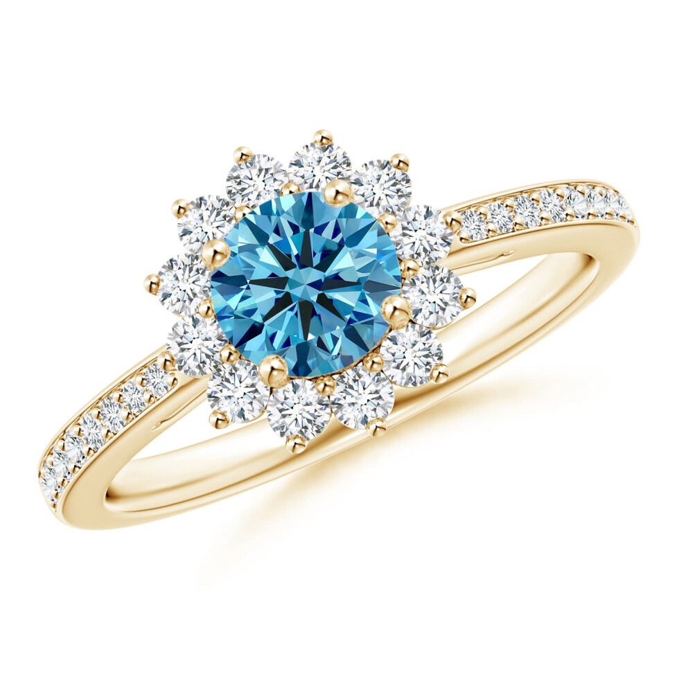 (M 1/2, 9ct Yellow Gold) Angara Classic Floral Halo Round Lab-Grown Fancy Intense Blue Diamond Ring with Accents for Women-image-OPC-PGHN2P9-NEW