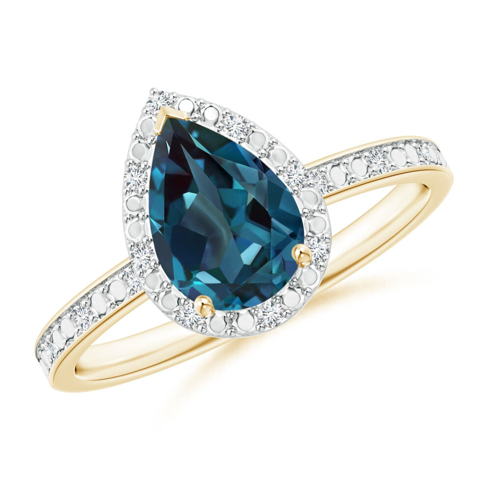 (S 1/2, 14ct Yellow Gold) Angara Prong-Set Pear-Shaped Lab-Grown Alexandrite Ring with Beaded Halo for Women-image-OPC-PGHNF9C-NEW