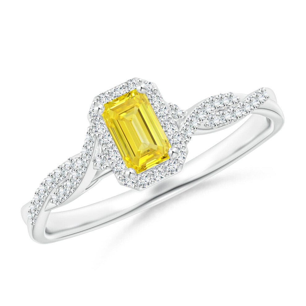 (R 1/2, 14ct White Gold) Angara Emerald-Cut Lab-Grown Fancy Intense Yellow Diamond Halo Twisted Shank Ring for Women-image-OPC-PGHNJF7-NEW