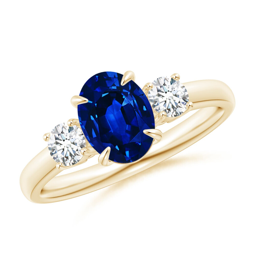 (K 1/2, 9ct Yellow Gold) Angara Lab-Grown Oval Sapphire and Round Diamond Three Stone Ring for Women-image-OPC-PGHNJR5-NEW