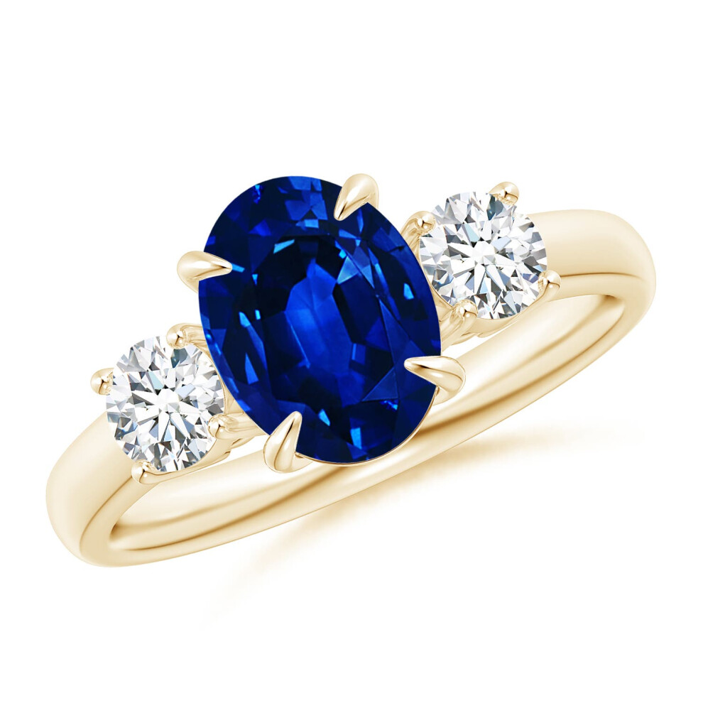 (Q 1/2, 9ct Yellow Gold) Angara Lab-Grown Oval Sapphire and Round Diamond Three Stone Ring for Women-image-OPC-PGHNJRR-NEW