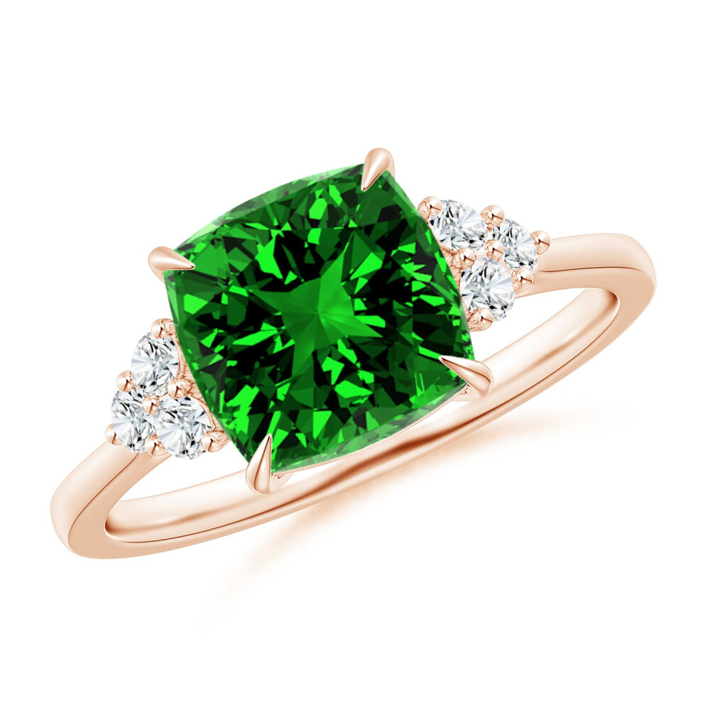 (K 1/2, 14ct Rose Gold) Angara Lab-Grown Cushion Emerald Engagement Ring with Trio Diamonds for Women-image-OPC-PGHNM9V-NEW