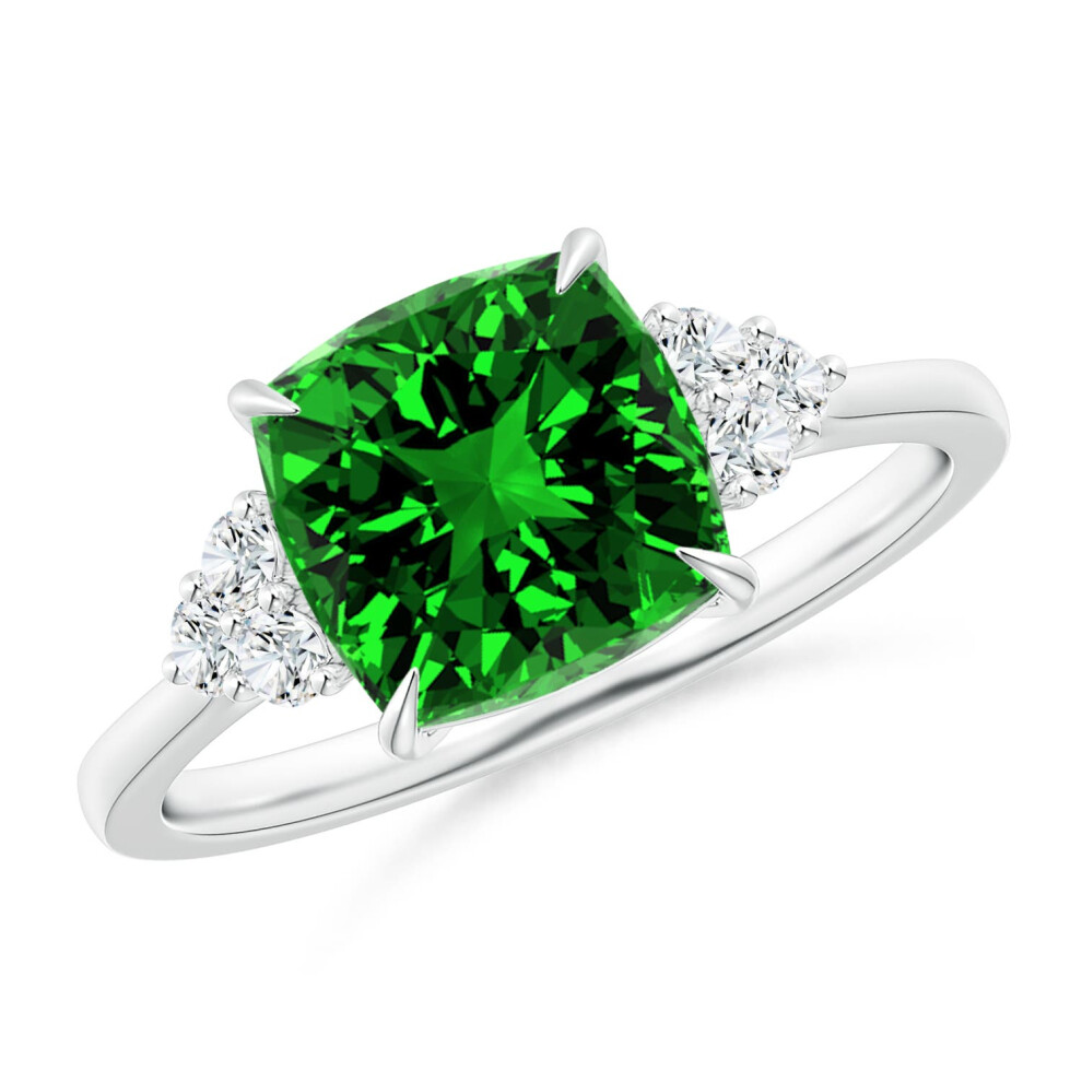 (Q 1/2, 9ct White Gold) Angara Lab-Grown Cushion Emerald Engagement Ring with Trio Diamonds for Women-image-OPC-PGHNMGC-NEW