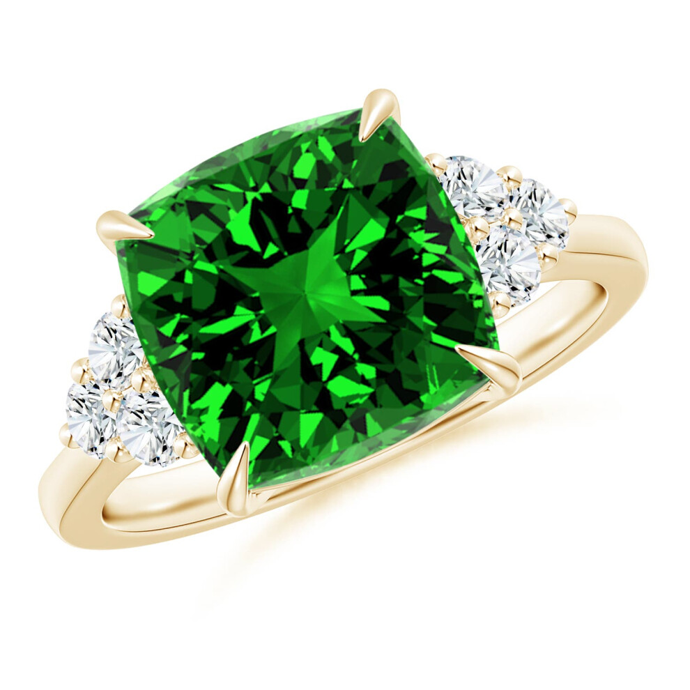 (J 1/2, 14ct Yellow Gold) Angara Lab-Grown Cushion Emerald Engagement Ring with Trio Diamonds for Women-image-OPC-PGHNMH2-NEW