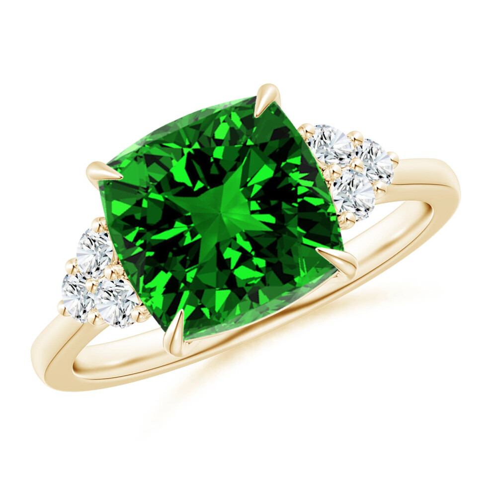(O 1/2, 9ct Yellow Gold) Angara Lab-Grown Cushion Emerald Engagement Ring with Trio Diamonds for Women-image-OPC-PGHNMKJ-NEW
