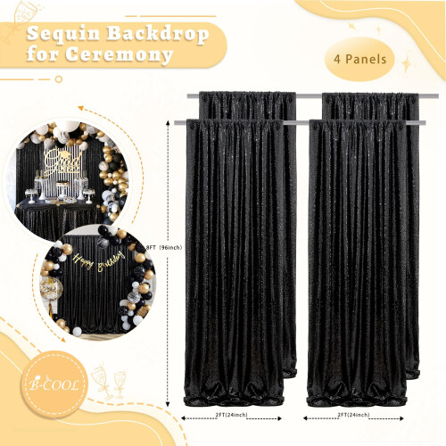 Sorte glittergardiner Draperer: 4 paneler pailletterbaggrundsgardiner 2FTx8FT sorte halloweenbaggrundspaneler til gotisk temafest bryllupsscenede 2