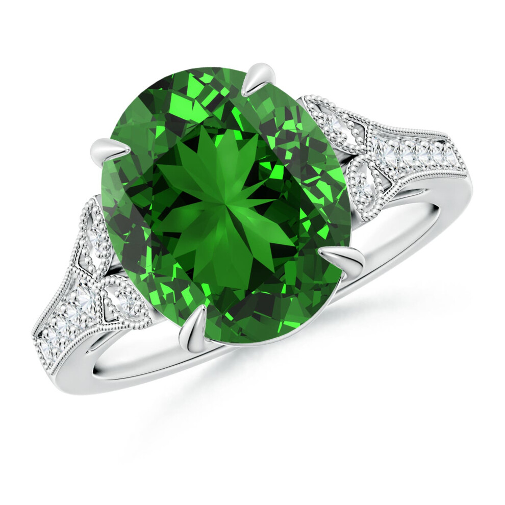 (Q 1/2, 14ct White Gold) Angara Lab-Grown Aeon Vintage Inspired Oval Emerald Solitaire Engagement Ring with Milgrain for Women-image-OPC-PGHNNW7-NEW