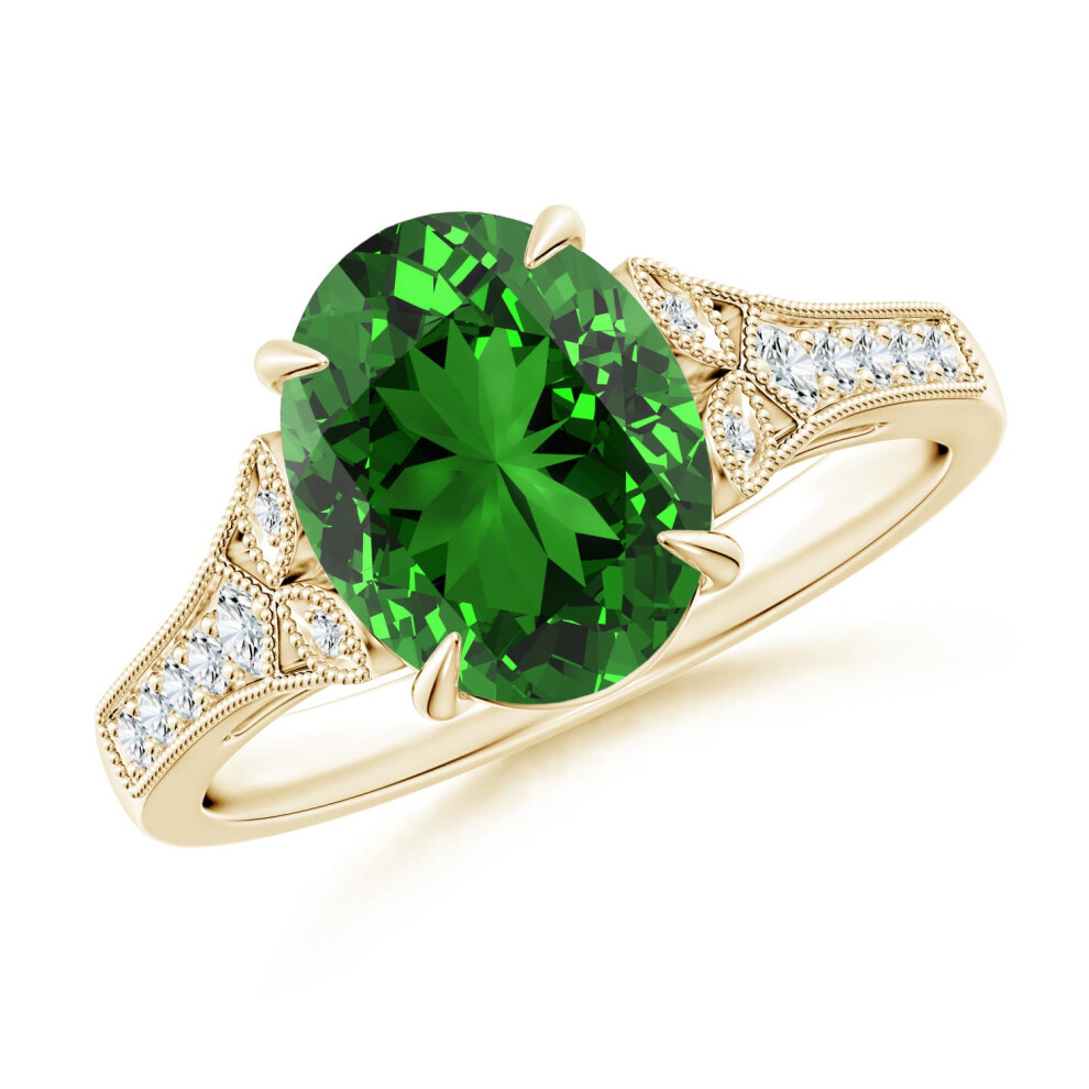(M 1/2, 9ct Yellow Gold) Angara Lab-Grown Aeon Vintage Inspired Oval Emerald Solitaire Engagement Ring with Milgrain for Women-image-OPC-PGHNP69-NEW