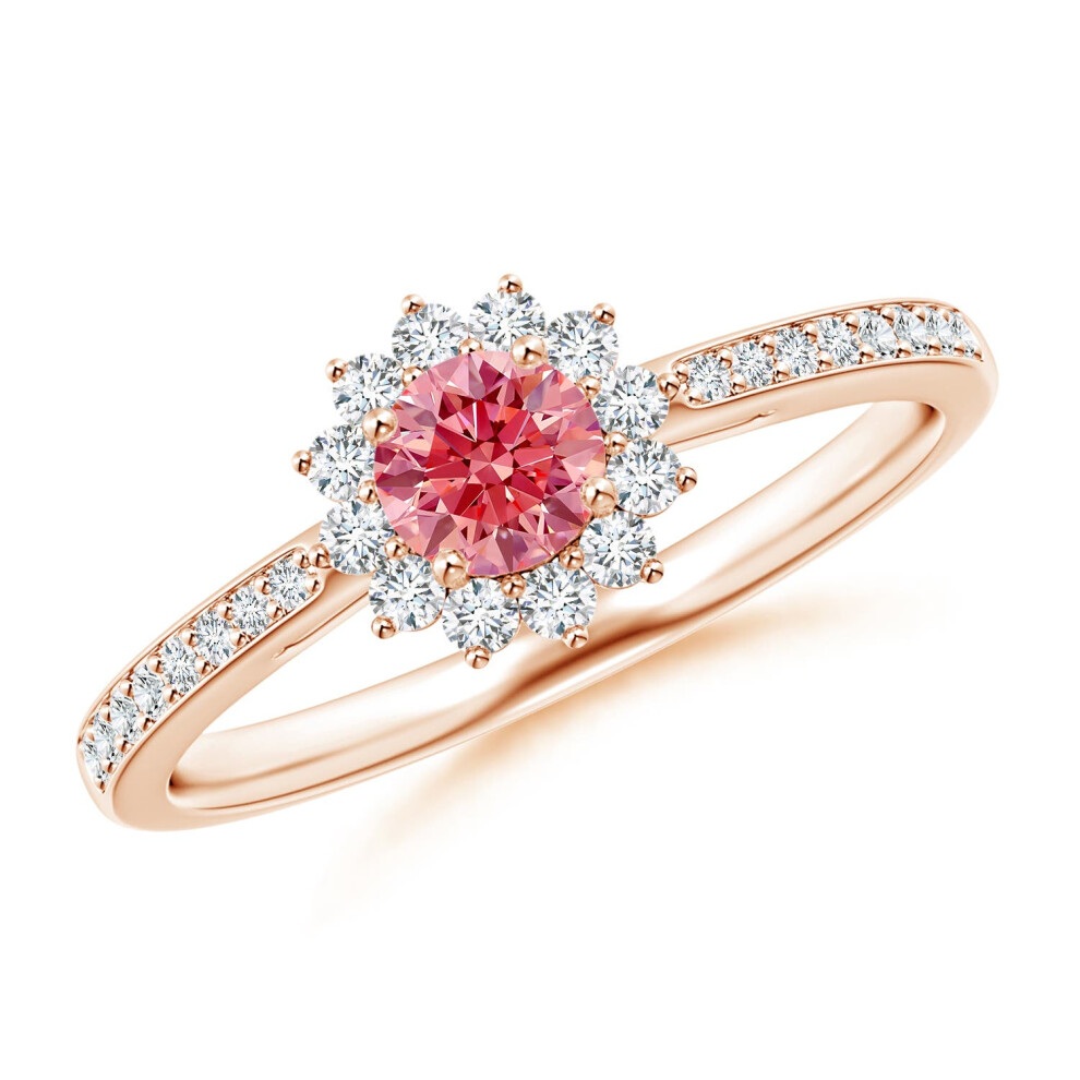 (K 1/2, 9ct Rose Gold) Angara Classic Floral Halo Round Lab-Grown Fancy Intense Pink Diamond Ring with Accents for Women-image-OPC-PGHNQCH-NEW