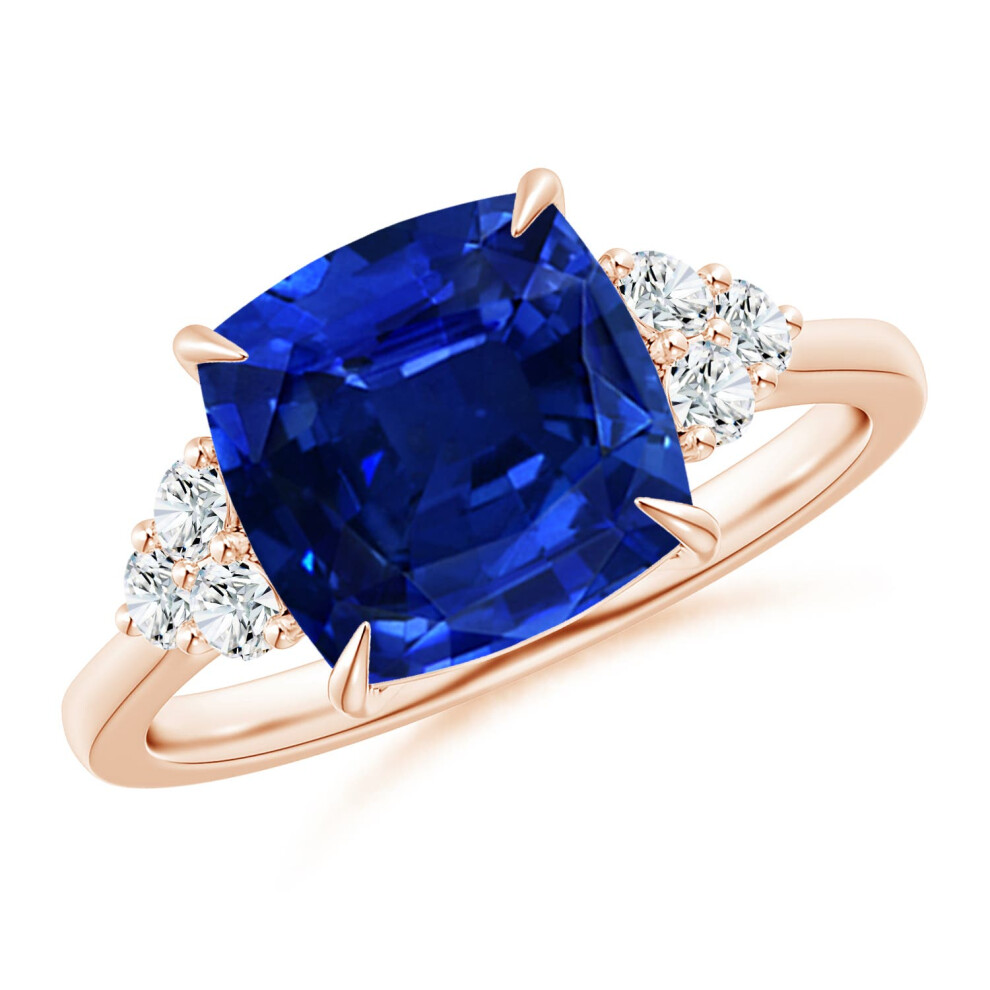 (S 1/2, 9ct Rose Gold) Angara Lab-Grown Cushion Blue Sapphire Engagement Ring with Trio Diamonds for Women-image-OPC-PGHNQQB-NEW