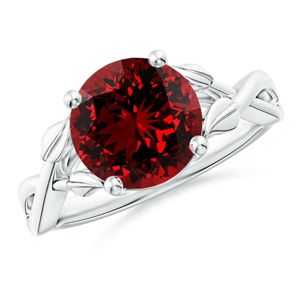 (O 1/2, 14ct White Gold) Angara Nature Inspired Lab-Grown Ruby Crossover Engagement Ring with Leaf Motifs for Women-image-OPC-PGHNTH7-NEW